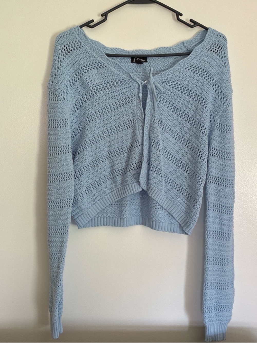art class Light Blue Open-Front Crochet Tie Sweater
